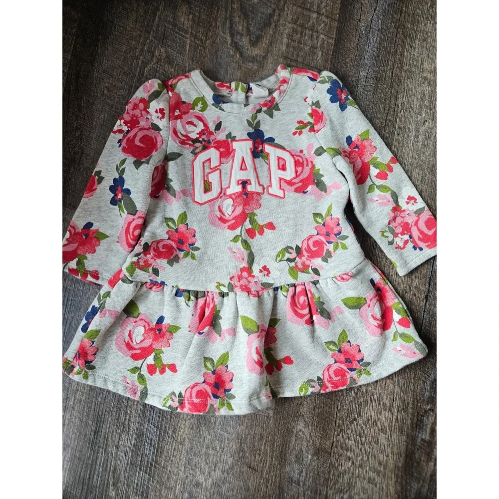 Baby Gap grey floral sweatshirt dress EUC 18/24 month